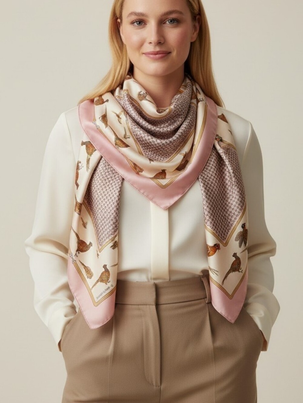 Pink Pheasant Print Square Scarf
